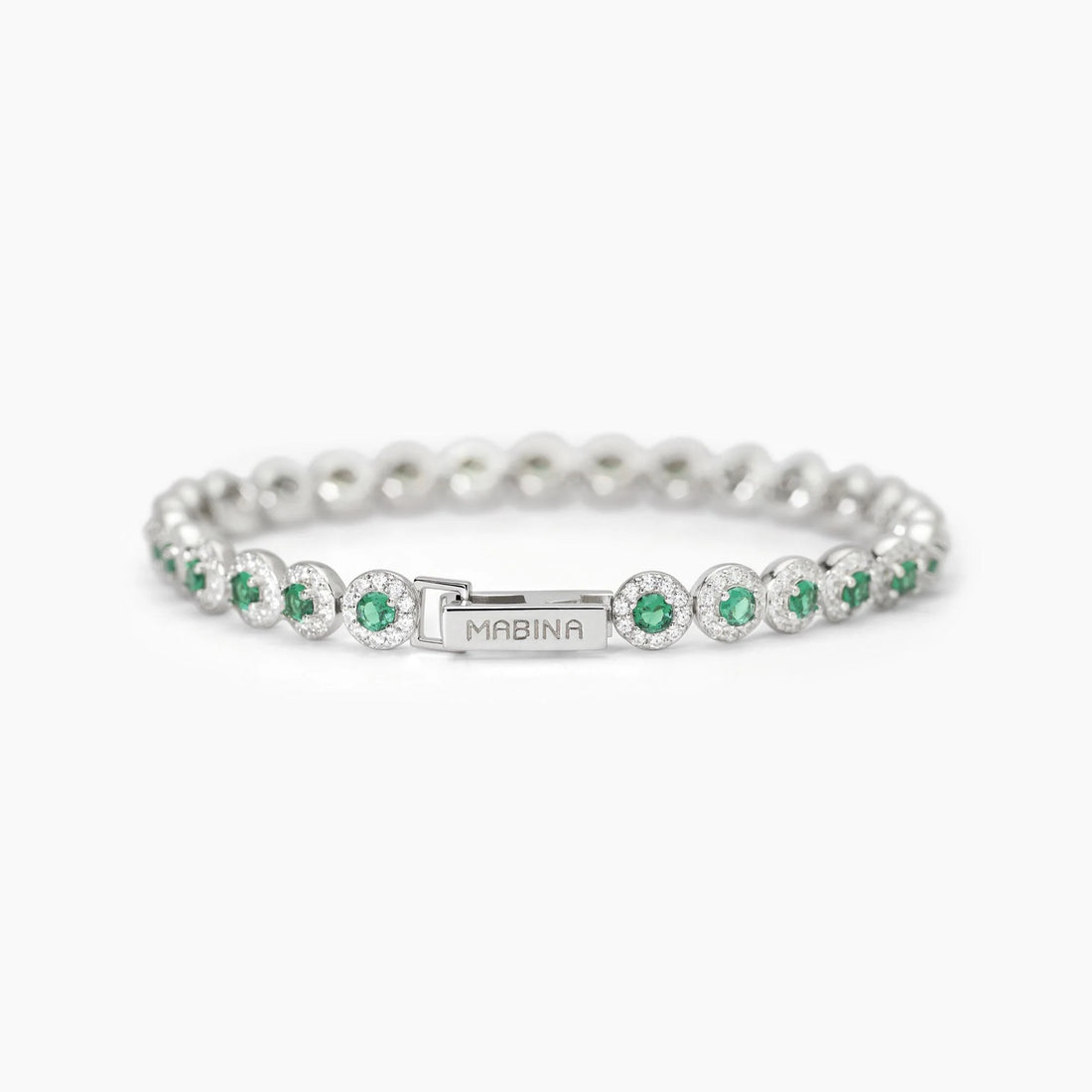 Bracciale tennis in argento 925/°°° rodiato con smeraldi sintetici Ø 3 mm e zirconi bianchi Ø 1.25 mm, lunghezza 17 cm