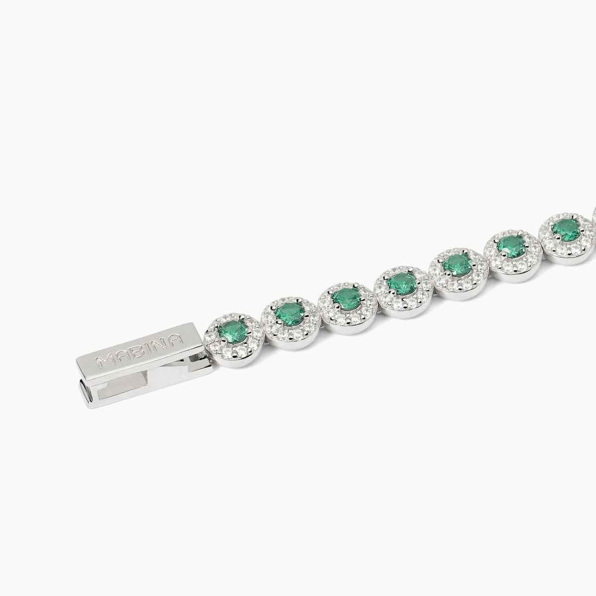 Bracciale tennis in argento 925/°°° rodiato con smeraldi sintetici Ø 3 mm e zirconi bianchi Ø 1.25 mm, lunghezza 17 cm