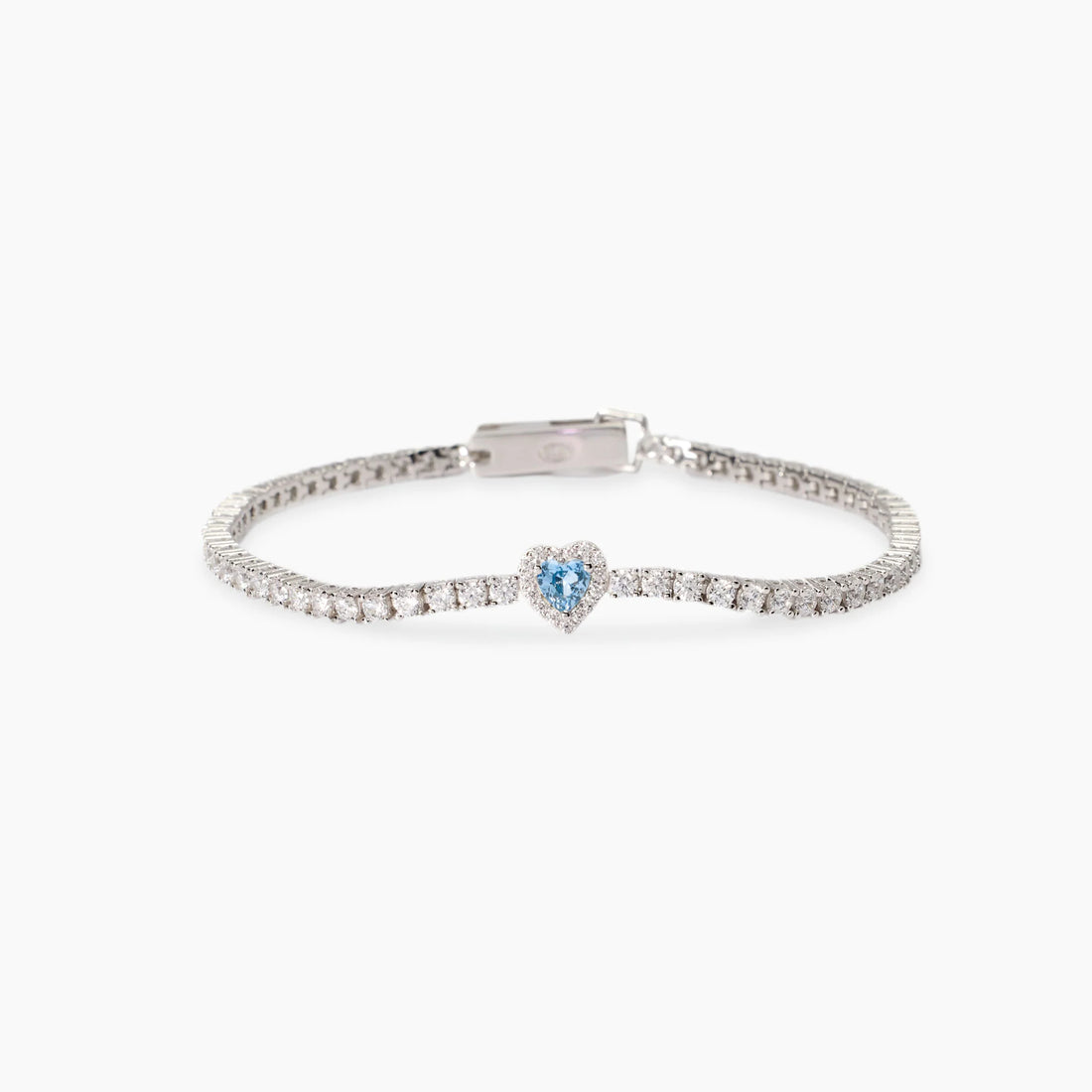 Bracciale tennis in argento 925/°°° rodiato con acquamarina sintetica centrale 4x4 mm taglio cuore e zirconi Ø 2 e 1 mm, lunghezza 16 cm
