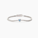 Bracciale tennis in argento 925/°°° rodiato con acquamarina sintetica centrale 4x4 mm taglio cuore e zirconi Ø 2 e 1 mm, lunghezza 16 cm