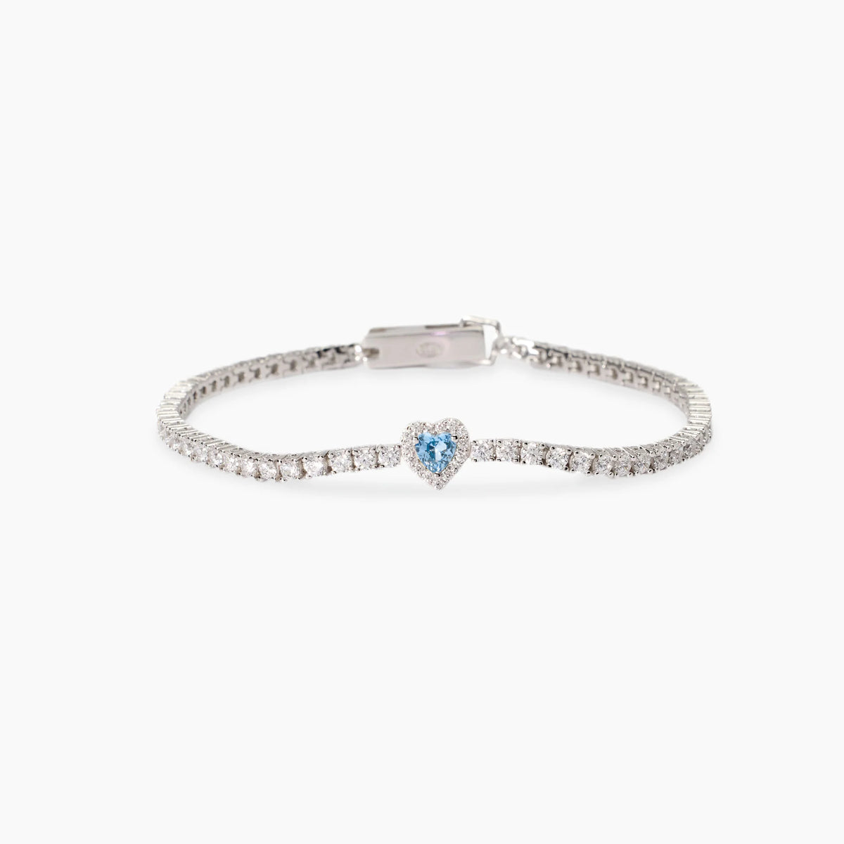 Bracciale tennis in argento 925/°°° rodiato con acquamarina sintetica centrale 4x4 mm taglio cuore e zirconi Ø 2 e 1 mm, lunghezza 16 cm