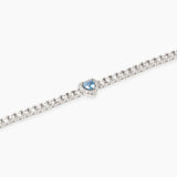 Bracciale tennis in argento 925/°°° rodiato con acquamarina sintetica centrale 4x4 mm taglio cuore e zirconi Ø 2 e 1 mm, lunghezza 16 cm